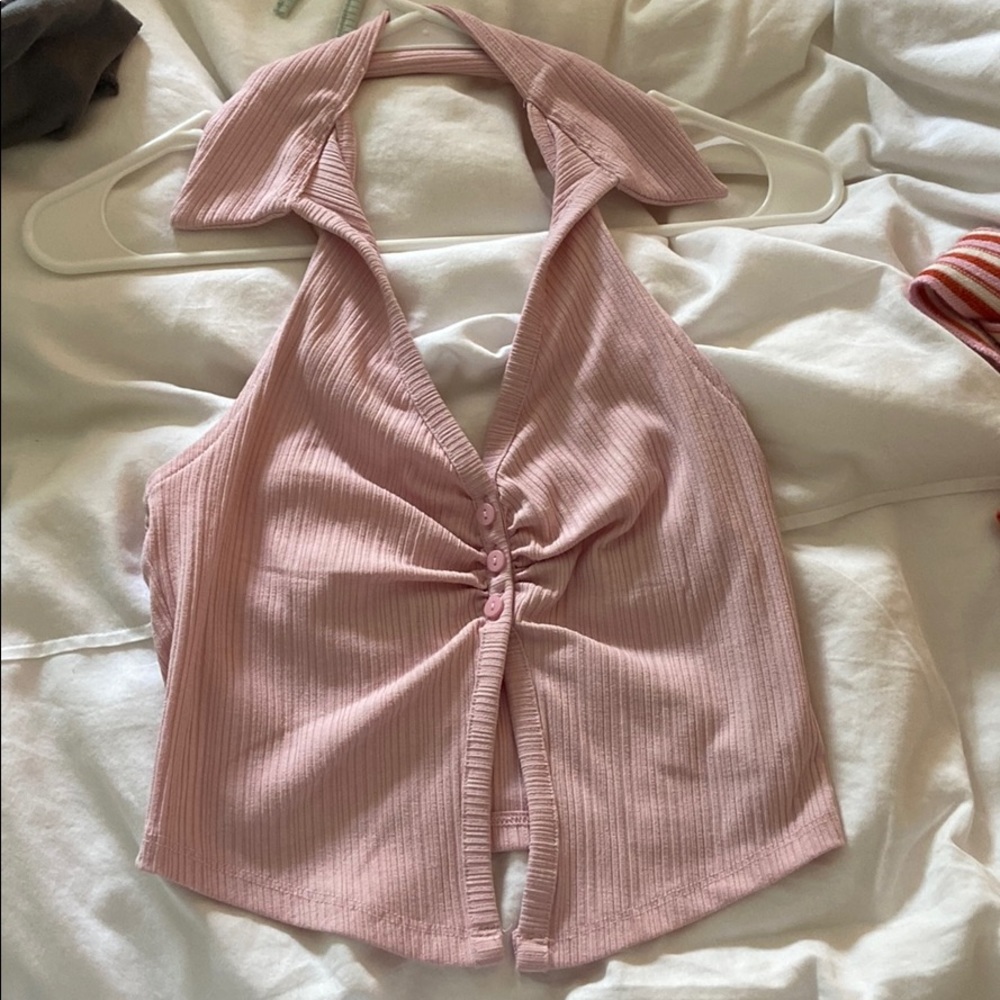Pink collared crop top buttons Bershka